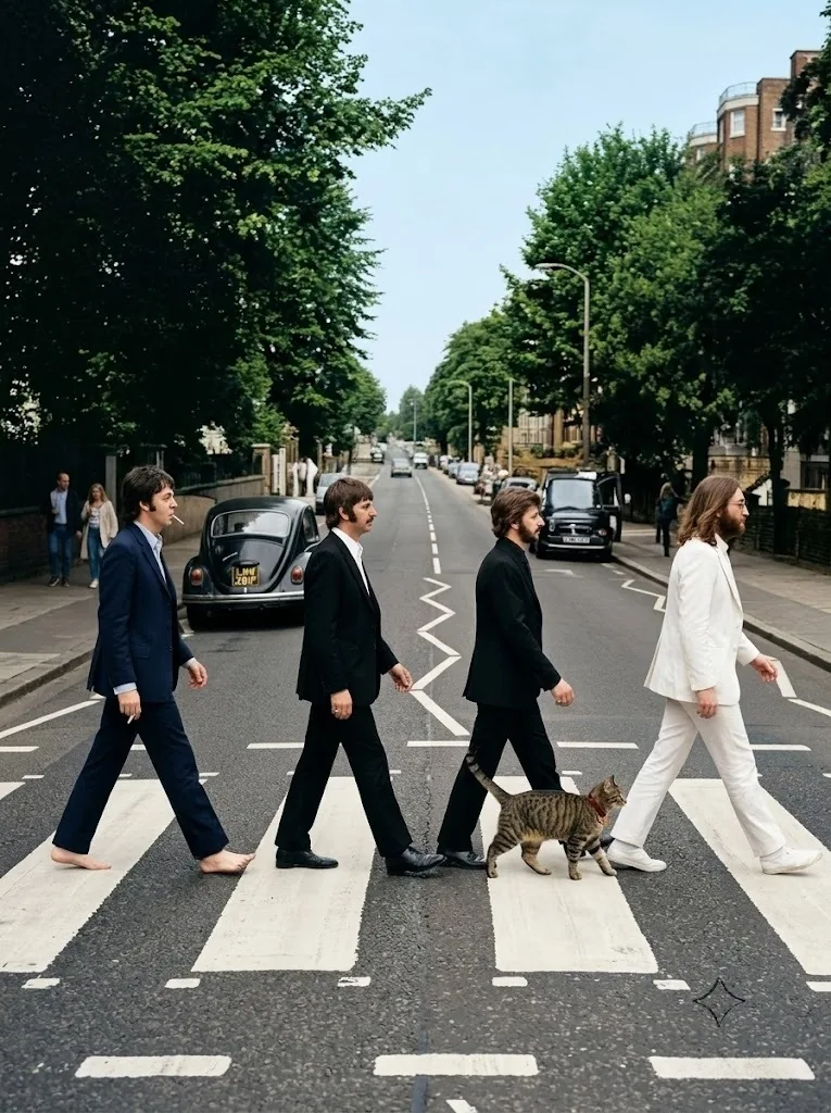 Cate crossing Abbey Road with the band